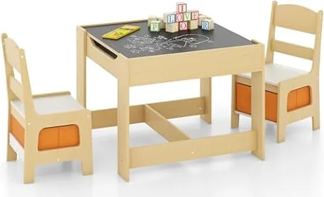 KOTEK Kids Wood Table and 2 Chairs Set with Blackboard & Storage Space, Children Multi Activity Table for Toddlers Learning, Playing, Drawing, 3-in-1 Toddler Art Crafts Desk and Chairs Set (Natural)