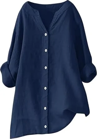 Shiyingl Linen Tunic Tops for Women Summer Casual Loose Fit Shirts Short Sleeve Button Down Summer Collar Shirt Tees