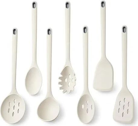 KSENDALO White Silicone Cooking Utenils Set of Spatula-One-piece Style, Slotted Soup Ladle etc.-7 Pack, Heat Resistant BPA Free Kitchen Serving Tools