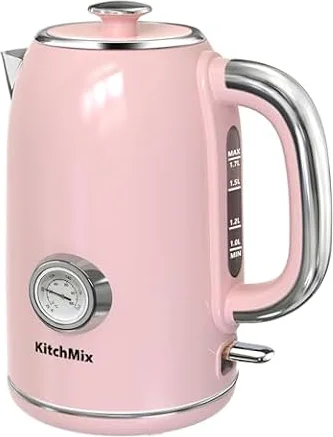 KitchMix Electric Kettle,1.7L Stainless Steel Tea Kettle with Thermometer,1500W Cordless Water Boiler with LED Indicator, Auto Shut-Off & Boil-Dry, Cool Touch Handle, BPA Free - Pink