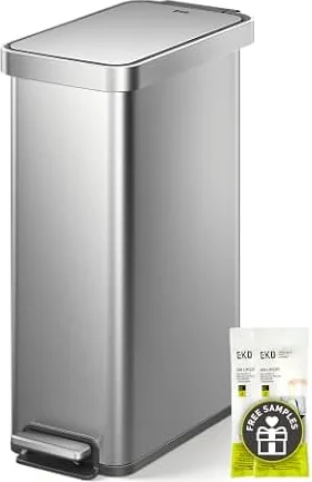 EKO Hudson Slim 50L / 13.2 Gallon Kitchen Trash Can with Lid, Stainless Steel Step Garbage Can for Kitchen or Home, Space-Saving Garbage Can with Soft Close Lid, Stay-Open, Liner Ring, Handle