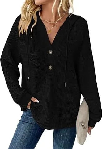 WNEEDU Womens Long Sleeve Tops Waffle Knit Hoodies Sweatshirt Black