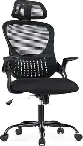 Sweetcrispy Office Computer Desk Chair, Ergonomic High-Back Mesh Rolling Work Chairs with Wheels and Adjustable Headrests, Comfortable Lumbar Support, Comfy Flip-up Arms for Home,Bedroom, Modern Black