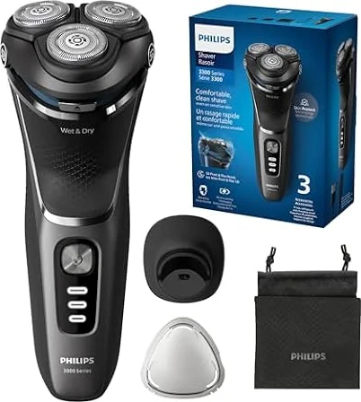 Philips 3000 Series Electric Shaver, Dark Black | SkinProtect Technology, Wet or Dry Use, 60-Min Runtime, 5-Min Quick Charge, Includes Charging Stand, S3343/13