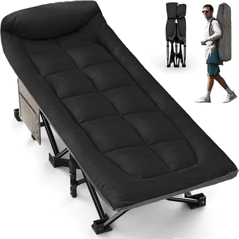 Overmont Camping Cot with Cushion and Pillow | Folding Bed with Padded Mattress, Steel Frame 250 kg, Open without Assembly, for Camping, Office and Guests