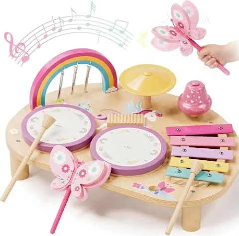 Lehoo Castle Unicorn Wooden Drum Set for Toddler Girls 1-3