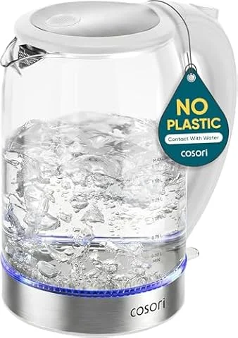 Cosori Glass Electric Kettle 1500W, Plastic-Free, 1.7L, Cordless, White | Fast Boiling for Tea and Coffee, Auto Shut-Off, Boil-Dry Protection, No Plastic Contact with Water, Easy-Clean Wide Opening