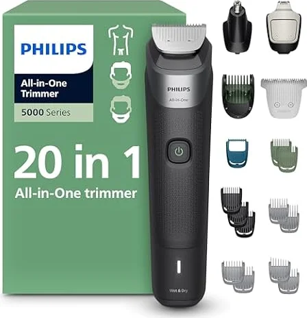 Philips All-in-One 5000 Trimmer, 20-Piece Kit, Black | Beard Styler & Hair Clipper, 20 Attachments, Self-Sharpening Blades, 3-Hr Runtime, Wet or Dry, MG5975/28