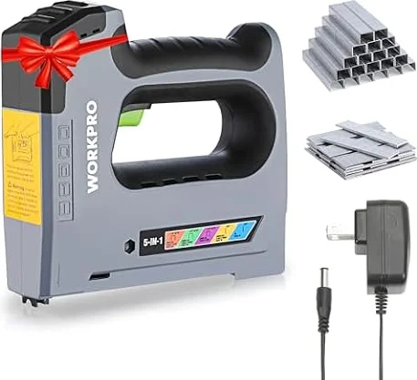 WORKPRO 5-in-1 Staple Gun, Cordless Electric Nail Gun for Upholstery, Wood, DIY, and Carpentry, Heavy-Duty Design with 2000mAh Battery