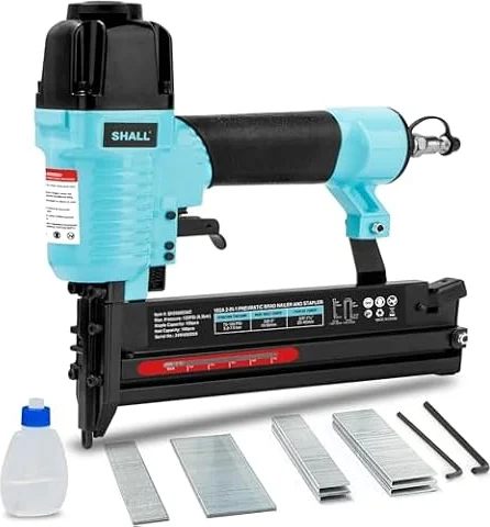 SHALL 18 Gauge Pneumatic Brad Nailer, 2 in 1, 18 GA Air Nail Gun and Crown Stapler, 800 Counts Brad Nails (1", 2") and Narrow Crown Staples (1", 1-1/2") Included, for DIY Project, Upholstery