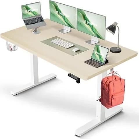IMHome Standing Desk, 47x24 Inch Height Adjustable Electric Desk, Ivory | 2026 6th Gen Quiet Motor Ergonomic Sit Stand Desk, Computer Desk for Home Office, Height Buttons, Display, Headphone Holders