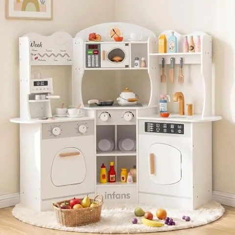 INFANS Corner Kids Kitchen Playset, Toddler Wooden Pretend Cooking Set with Lights Sounds Coffee Machine Washing Machine, Stove Removable Sink Storage Cabinet, Simulation Play Kitchen Toy (White)