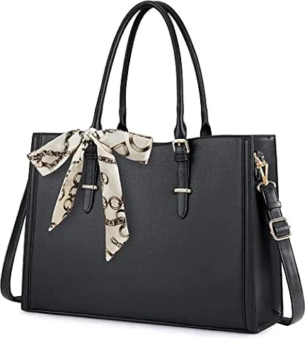 Laptop Bag for Women 15.6 inch Waterproof Leather Bag Work Laptop Computer Bag for Office Travel Handbag Shoulder Bag Black
