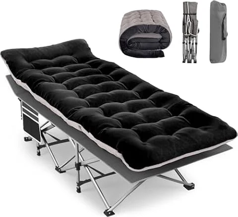 Camping Cots for Adults with Mattress - Portable Folding Bed with Storage Bag & Comfortable Cushion, Compact Sleeping Cot for Outdoor Travel, Camping, Office Nap, Home Guest (Black)