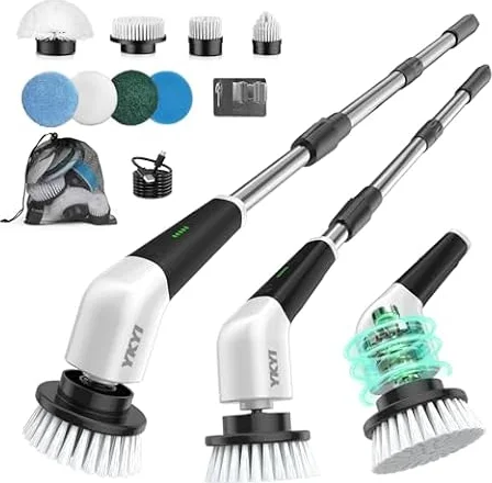 YKYI Electric Spin Scrubber, Cordless Bathroom Scrubber, 8 Brush Heads | 2 speeds, up to 100 min runtime, 12–43.3 in handle and IPX7 design for tubs, tile and grout
