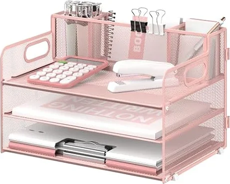 SUPEASY 3 Tier Desk Organizer with Handle & 3 Pen Holders, Mesh Paper/File Organizer for Desk, Paper Letter Tray Organizer for Office Supplies (Pink)