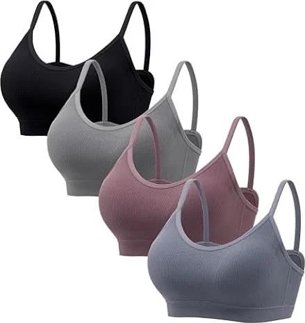 HBselect Bras for Women No Underwire Wireless Cami Tank Top Tshirt Bras | 4PCS Ribbed Padded Bras, Full Coverage, Womens Sports Bras, Comfortable, Smoothing Back,Soft Tshirt Bra, Everyday Bralettes