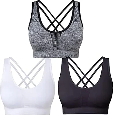 SEGRILA Sports Bras for Women 3 Pack Crisscross Back Yoga Bras Medium Support Workout Bras with Removable Pads (Black&White&Grey M)