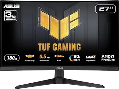 ASUS TUF Gaming 27” 1440P Curved HDR Gaming Monitor (VG27WQ3B) - QHD (2560 x 1440), 180Hz, 0.5ms, 1500R, Extreme Low Motion Blur, FreeSync, 90% DCI-P3, Shadow Boost, DisplayWidget, 3 yr Warranty