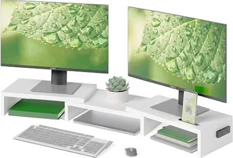 BONTEC Dual Monitor Stand for Desk, Monitor Riser with Smartphone Holder | Adjustable Length & Angle, Desktop Shelf With Storage, Office Desk Organizer, Cable Management, White