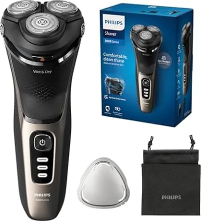 Philips 3000 Series Electric Shaver, Ash Gold | SkinProtect Technology, Wet or Dry Use, 60-Min Runtime, 5-Min Quick Charge, Includes Travel Pouch, S3242/12