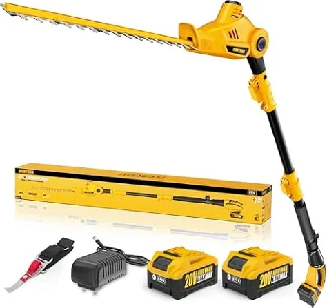 Alloyman 20V Cordless Pole Hedge Trimmer,16Inch Dual Blade Extended Pole Trimmer with 2 Packs 4.0Ah Batteries & Charger,8 Telescoping Feet Hedge Trimmer for Shrubs Pruning