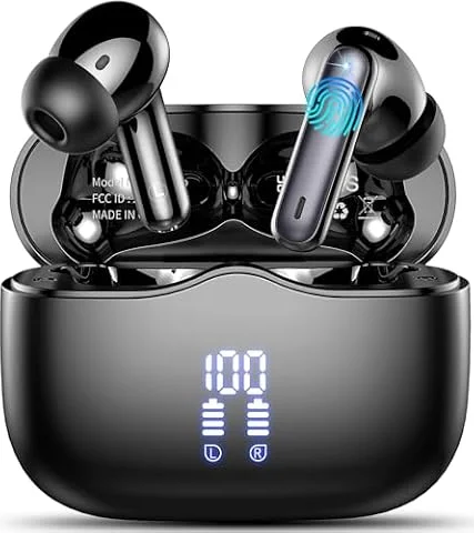 Wireless Earbuds, Bluetooth Headphones 5.4 HiFi Stereo Wireless Earphones | ENC Noise Cancelling Mics, In Ear Bluetooth Ear buds, 40H, IP7 Waterproof, USB C, LED Display Earbuds for Sports/Work, Black