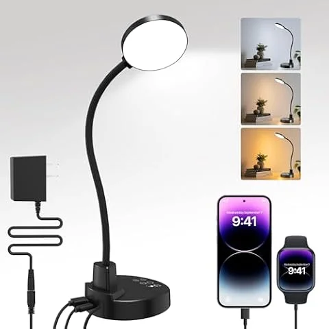 ZAPLIT 15W LED Desk Lamp with USB C & USB-A Port, 3 Color Temperatures Lamp | 5 Brightness Dimmable Table Lamp , 4 Timers, Flexible Gooseneck Light, 3.5'' Eye-Caring Reading Lamp for Home Office - Black