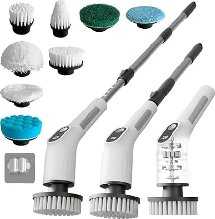 Depcler Electric Spin Scrubber with 4000mAh Battery, 380-500 RPM, 8 Replaceable Brush Heads, Adjustable Handle for Bathroom, Kitchen & Floor Cleaning