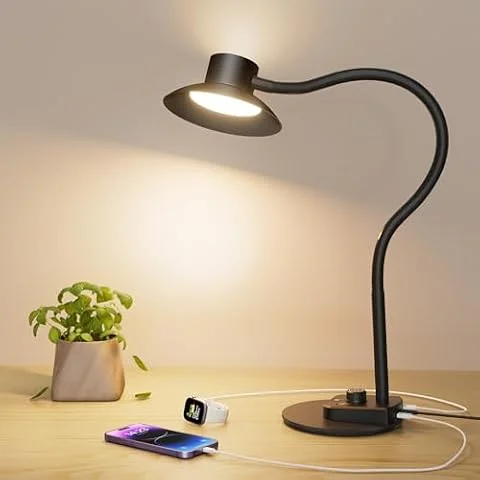 Plug-in Desk Lamp with Dual USB Ports, Dimmable Eye-Caring, 1400LM, Black | 5 Light Modes & Stepless Dimming, LED Reading Table Lamp Flexible Gooseneck for Home Office, Study Bedroom Dorm Nightstand