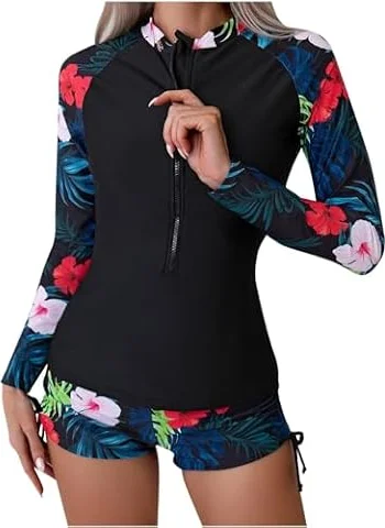 Generic Lightning Deals of Today Prime Basic Women Two Piece Rash Guard Long Sleeve Swimwear Uv UPF 50+ Bathing Suit Tropical Print Swim Shirt with Boyshort Bottom Black Swimsuit for Women