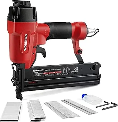 WORKPRO Pneumatic Brad Nailer, 18 GA, 2 in 1 Nail Gun and Crown Stapler | Includes 400pcs Nails / 300pcs Staples, for Carpentry, DIY Project, Woodworking, Requires Air Compressor (Not Included)