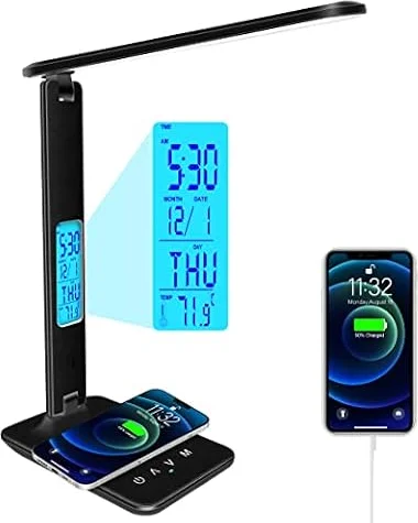 Whicow LED Desk Lamp with Wireless Charger, USB Charging Port, Dimmable with Clock, Alarm, Date, Temperature, Foldable (Black, Digital Display+Wireless Charger)