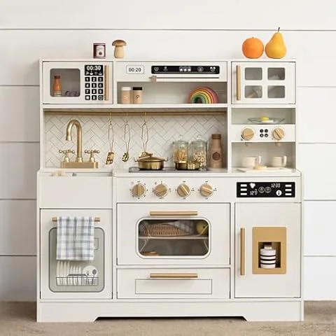 Wooden Play Kitchen for Kids with Real Lights and Sounds for Pretend Play | Stove, Sink, Oven, Coffee Maker, Ice Maker, Cabinets and 15 Accessories Create a Complete Cooking and Serving Setup, Ages 3+