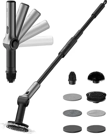 HOTO Flexi™ Electric Spin Scrubber, Bathroom Cleaner with Adjustable Angle | Extendable Handle, Smart Display, IPX7 Waterproof, Scrubber with 8 Replaceable Brush Heads, for Bathroom, Tile, Bathtub