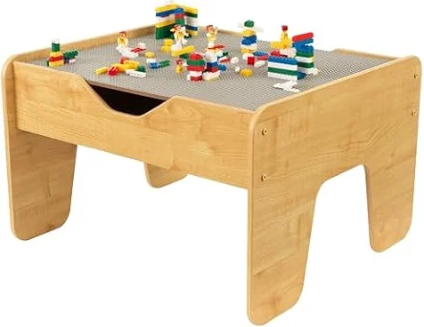 KidKraft Reversible Wooden Activity Table with Board with 195 Building Bricks – Gray & Natural, Gift for Ages 3+