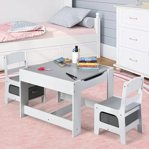 Costzon Kids Table and Chair Set, 3 in 1 Wood Activity Table for Arts, Crafts, Drawing, Reading, Playroom, Toddler Table and Chairs w/ 2 in 1 Tabletop, Storage Space, Gift for Boys Girls (Gray)