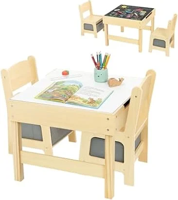 OOOK 3 in1 Kids Table and Chair Set, Double Use Tabletop & Storage Drawer | Detachable Tabletop, Wood Kids Craft Table with Storage Drawer, Toddler Activity Table & 2 Chairs for Playrooms & Classroom