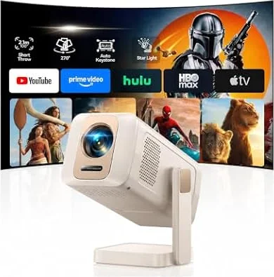 Portable Mini Projector [Smart OS & 4K 1080P Support & 270° Stand ] Outdoor Smart Movie Short Throw Projector Ceiling Projecteur 4K Exterieur with App Control, WiFi 6, Bluetooth 5.4, Auto Keystone