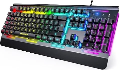 TECKNET Wired Gaming Keyboard, RGB Backlit Keyboard with Metal Panel Design | 15-Zone RGB Illumination, Whisper Quiet Design, IP32 Water Resistance, 25 Anti-ghosting Keys, Ergonomic Design
