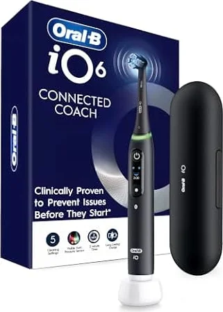 Oral-B iO6 Connected Coach, Electric Toothbrush with Travel Case, Black | Pressure sensor, brushing timer, bluetooth connectivity, interactive display, 5 modes, from the #1 dentist recommended brand