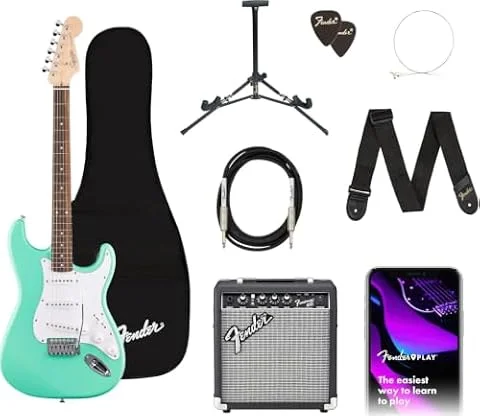 Fender Squier Debut Series Stratocaster Electric Guitar Kit, Beginner Guitar Kit, with 2-Year Warranty, with Padded Gig Bag, Frontman 10G Amp, Strap, and More, Includes Free Lessons, Seafoam Green