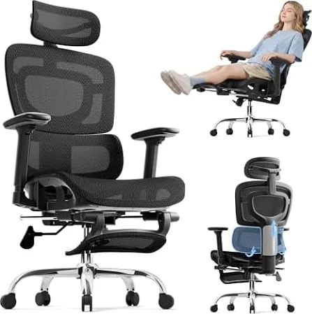 Ergonomic Office Chair,Office Chair with Tilt Function,Mesh Office Chair with Footrest,Ergonomic Chair with Adaptive Backrest, Adjustable Headrest and Flip-Up Armrests