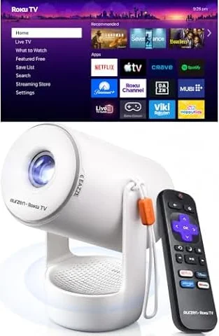 Aurzen Roku TV E1R Smart Portable Mini Projector with Bluetooth and AirPlay | Roku TV Built-in, Upgraded Sound Base, 180° Rotation, Auto Vertical Keystone, 20–120″ Image for Home/Bedroom/Outdoor Movies