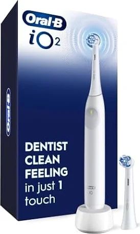 Oral-B iO2 Electric Toothbrush with 2 Brush Heads, Pure White | Pressure sensor, 2-minute timer, extra-soft bristles, super sensitive mode, 100% more plaque removal vs a manual