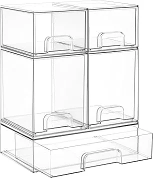 Vtopmart Stackable Storage Drawers, Set of 5, 12" Wide,4.4'' & 7.6'' High | Space-Saving,Quality Build,Versatile Use,For Beauty Supplies, Ideal for Vanity, Bathroom, Undersink, Kitchen,Cabinet, Pantry