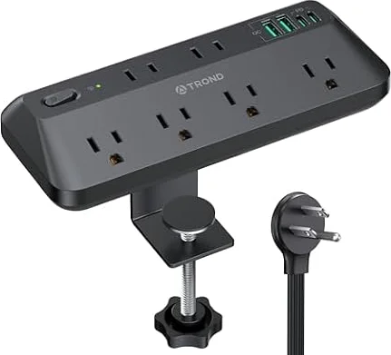 TROND Desk Clamp Power Bar Surge Protector with PD 20W USB, 6 Outlets, 6ft | Flat Plug Extension Cord Indoor, Desktop Charging Station, Fit 1.97" Tabletop Edge, ETL Listed, Home Office Supplies, Black