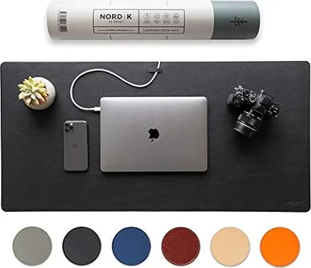 Nordik Leather Desk Mat - Pebble Black - Large Leather Desk Pad 89x43 cm | Premium Vegan Leather Desk Pad with Cable Organizer for Office, Extended Waterproof Mouse Mat, Non-Slip Desk Pad Protector