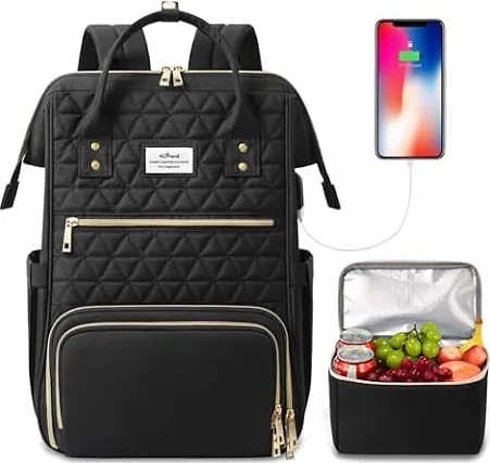 ETRONIK Lunch Backpack for Women Work 17.3'' Laptop Backpack with Lunch Bag | Waterproof Back to School Teacher Nurse Work Bag with USB Charging Port & Insulated Cooler Bag, Gifts for Women Travel, Black