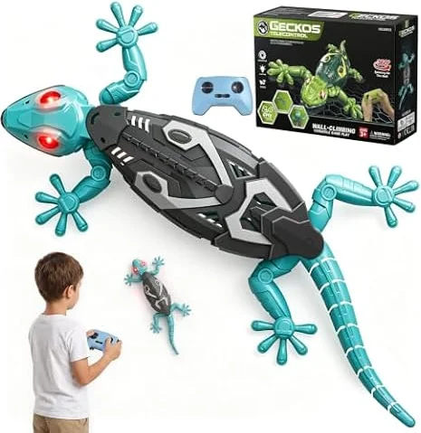 Remote Control Wall Climbing Gecko Toys - Robot Toys for 4-8 Years Old Boys | Rechargeable Lizard Prank Toy with LED Glow Eyes, Realistic Crawling Action on Glass Walls, Gifts for 4 5 6 7 8 Year Old Boys